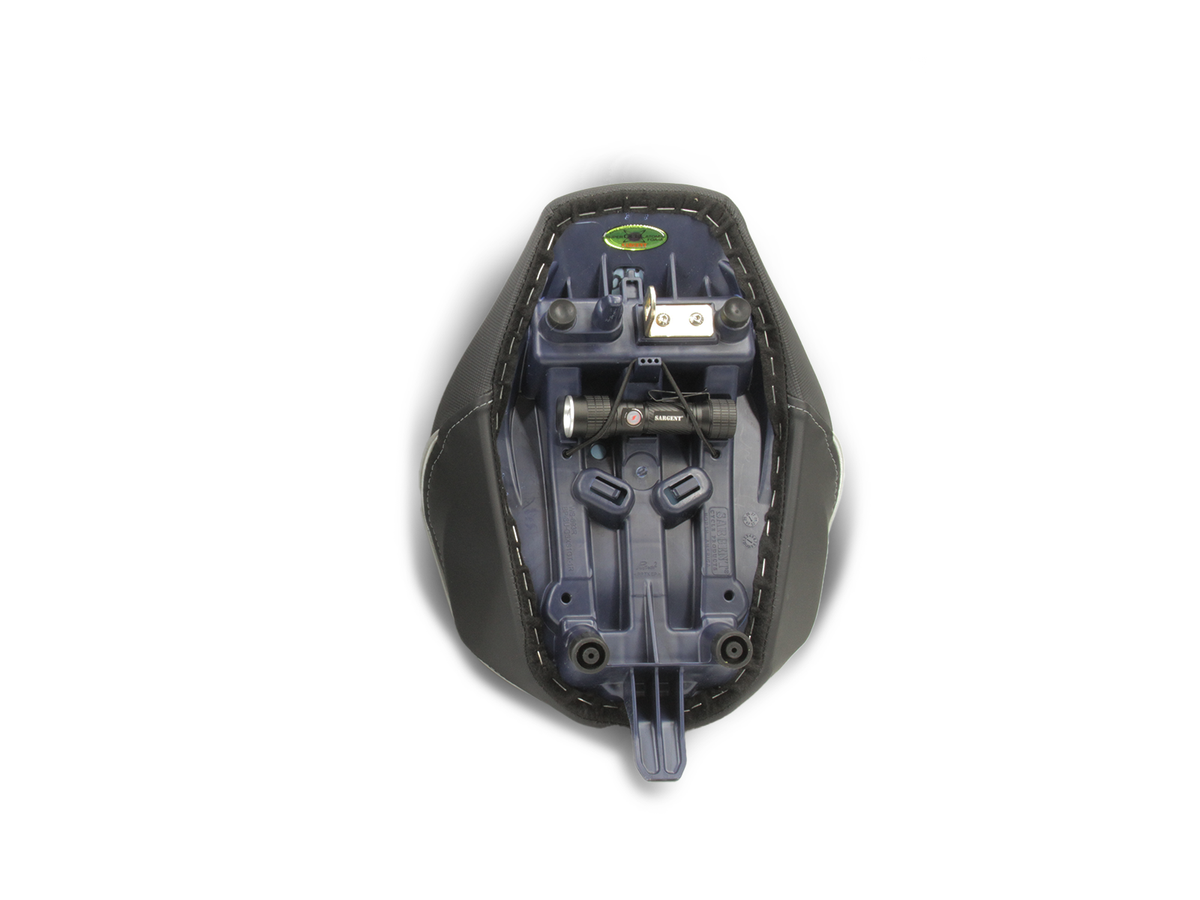 Suzuki GSX-S 1000GT World Sport motorcycle rear seat with widened seat pan and flashlight, black with GT logo.